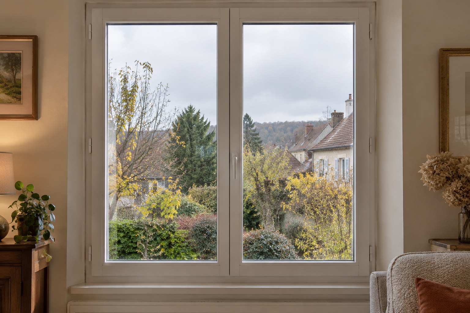 Fenêtre blanche à deux vantaux vue depuis un séjour, donnant sur un jardin en automne — illustration IA